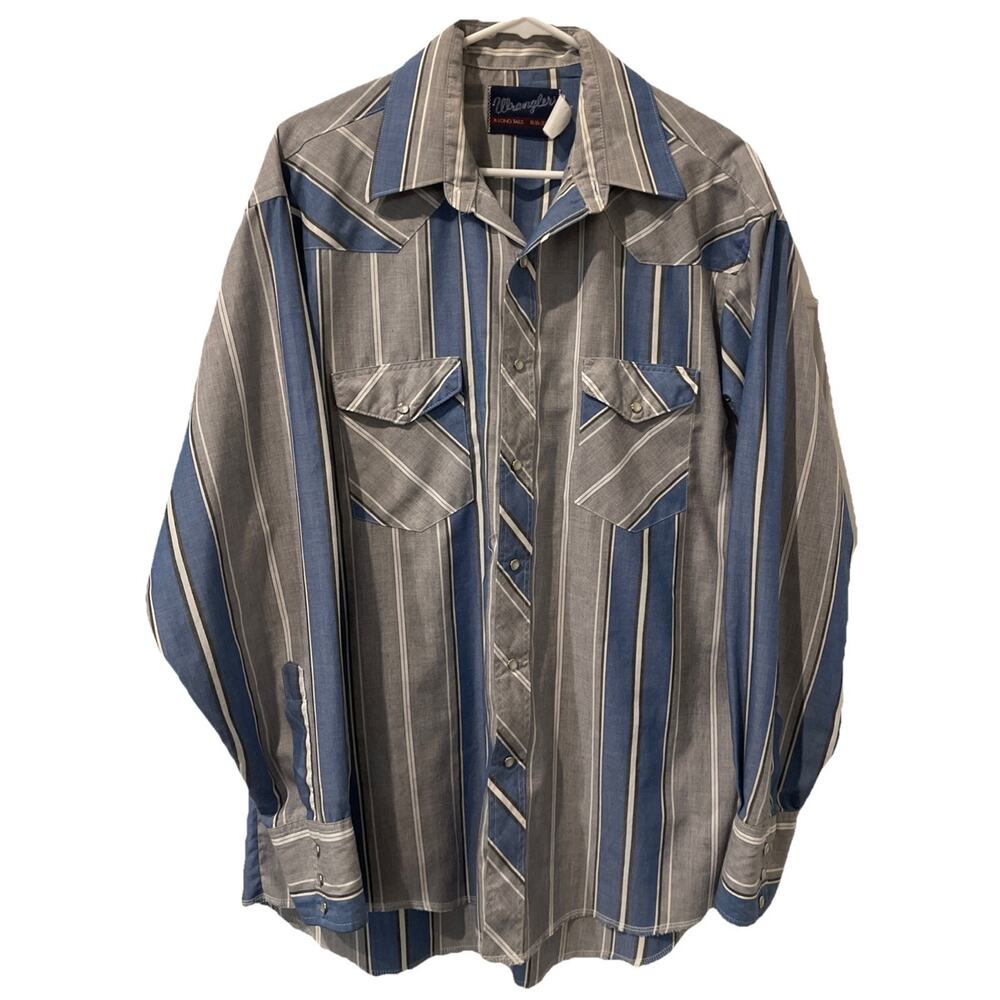 Wrangler Western Shirt Mens L-16.5-Blue Gray Pearl Snap Cowboy 90s-X Long-Vntg - Picture 1 of 11